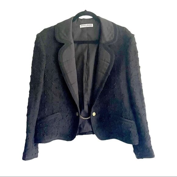 VINTAGE Paula Klein Paris Couture Wool 2-PC Suit Blazer Skirt Black L - Picture 3 of 16